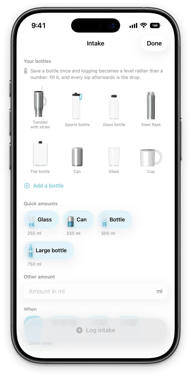 Water log: your vessels (tumbler with straw, bottle, flask, can, cup) and quick amounts.