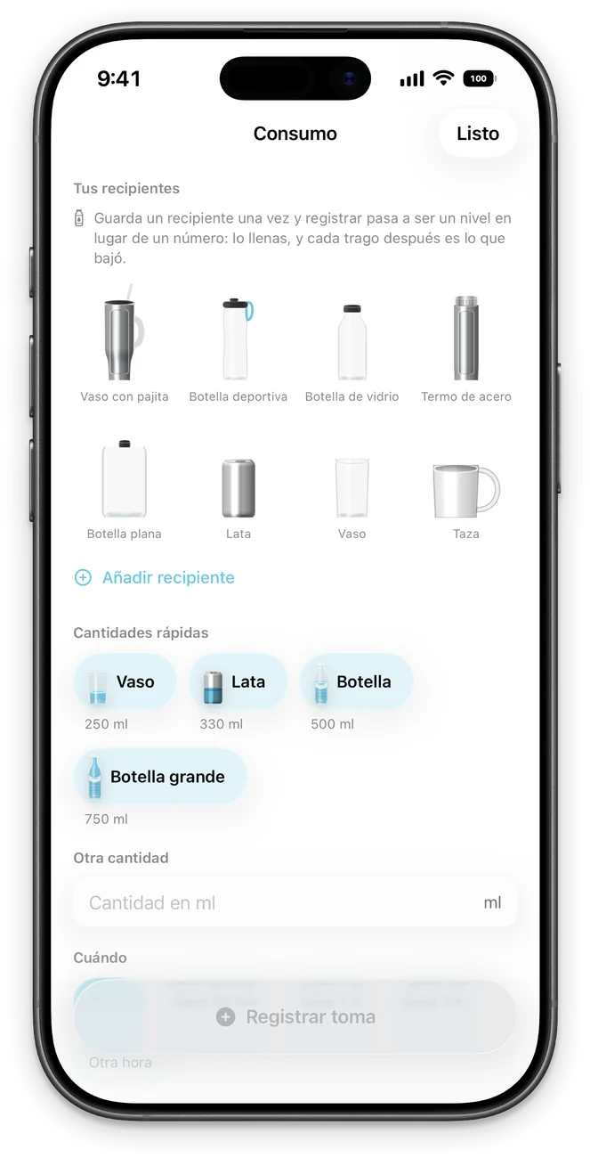 Registro de agua: tus recipientes (vaso con pajita, botella, termo, lata, taza) y las cantidades rápidas.