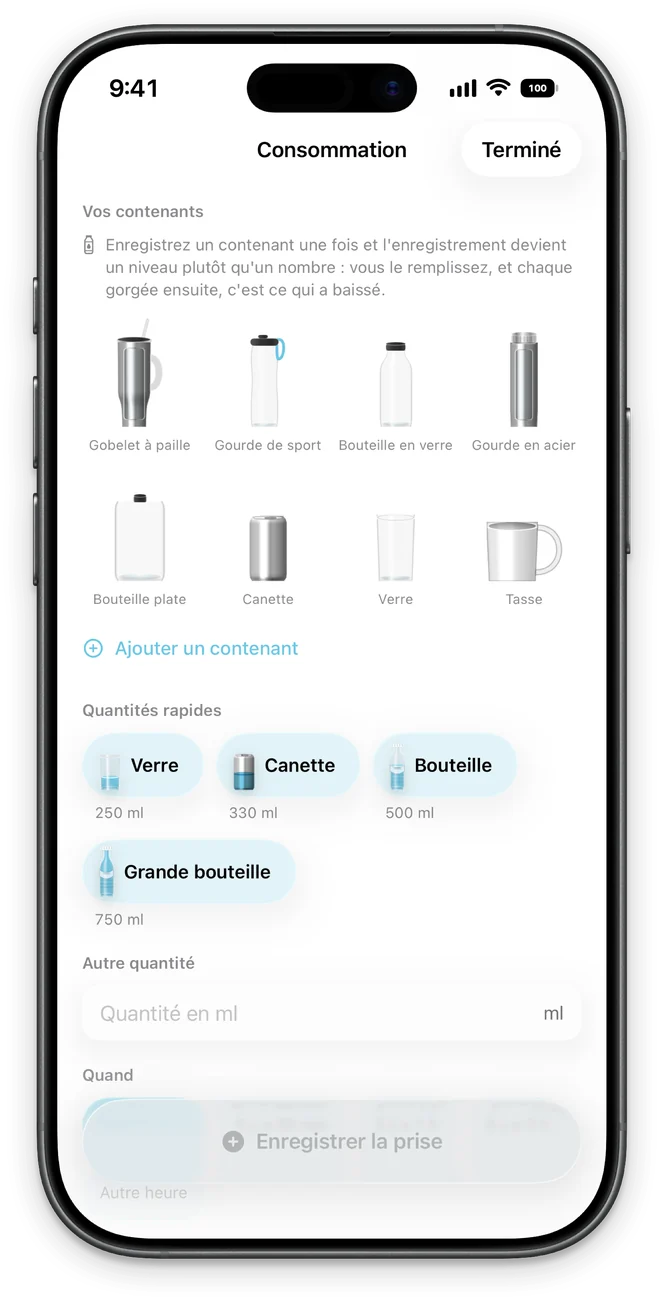 Journal d’eau : vos récipients (verre avec paille, bouteille, thermos, canette, tasse) et les quantités rapides.