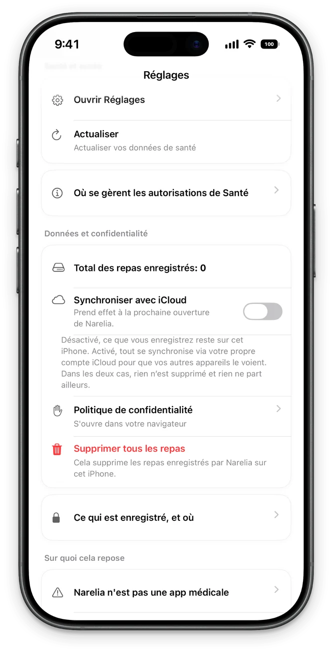 Réglages de Narelia, section Données et confidentialité : synchroniser avec iCloud, désactivé, et la politique de confidentialité.